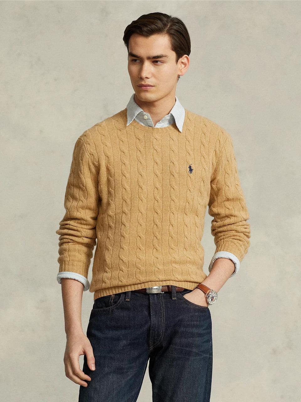 RALPH LAUREN Maglia in Lana e Cashmere a Trecce Cammello Economico