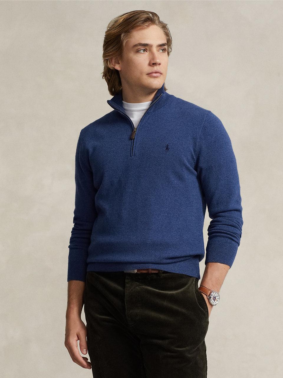 RALPH LAUREN Maglia con Mezza Zip in Lana Blu Vendita Calda