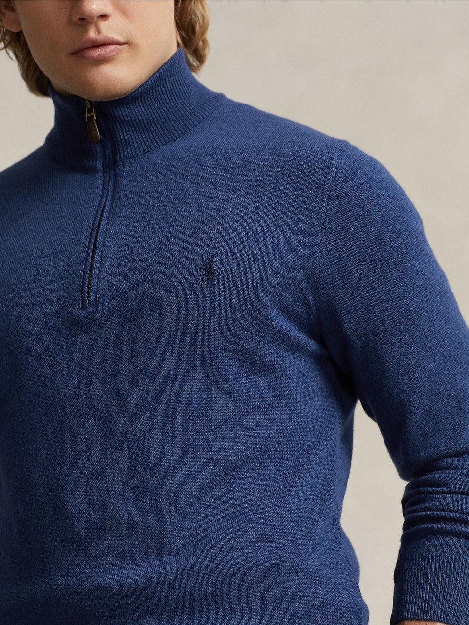 RALPH LAUREN Maglia con Mezza Zip in Lana Blu Vendita Calda
