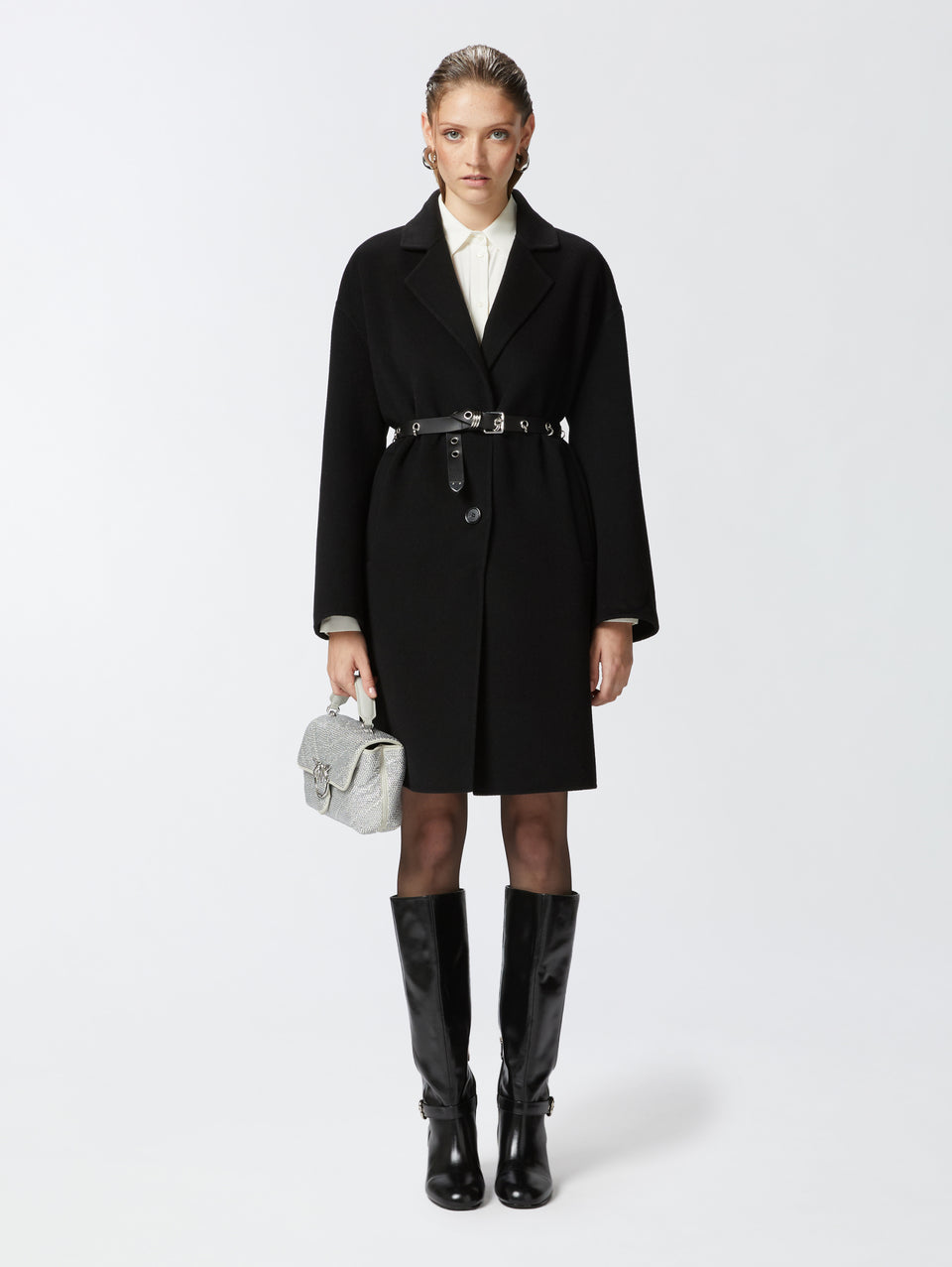 PINKO Cappotto Monopetto in Double di Lana Nero Consegna Veloce