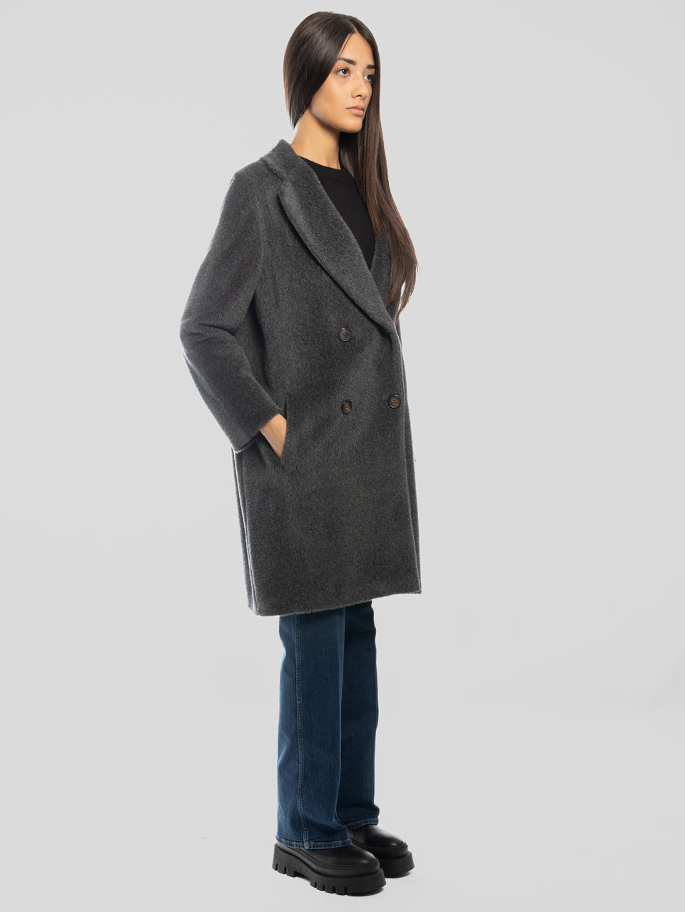 MAX MARA Cappotto Doppiopetto in Alpaca e Lana Roseto Grigio Convenienza