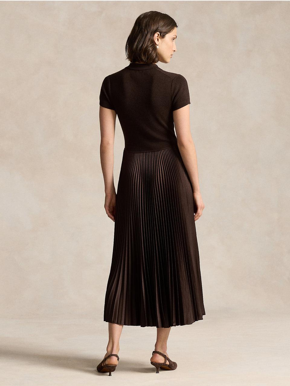 RALPH LAUREN Abito in Maglia con Gonna Plissé Marrone Saldi