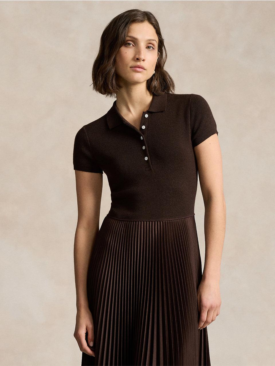 RALPH LAUREN Abito in Maglia con Gonna Plissé Marrone Saldi