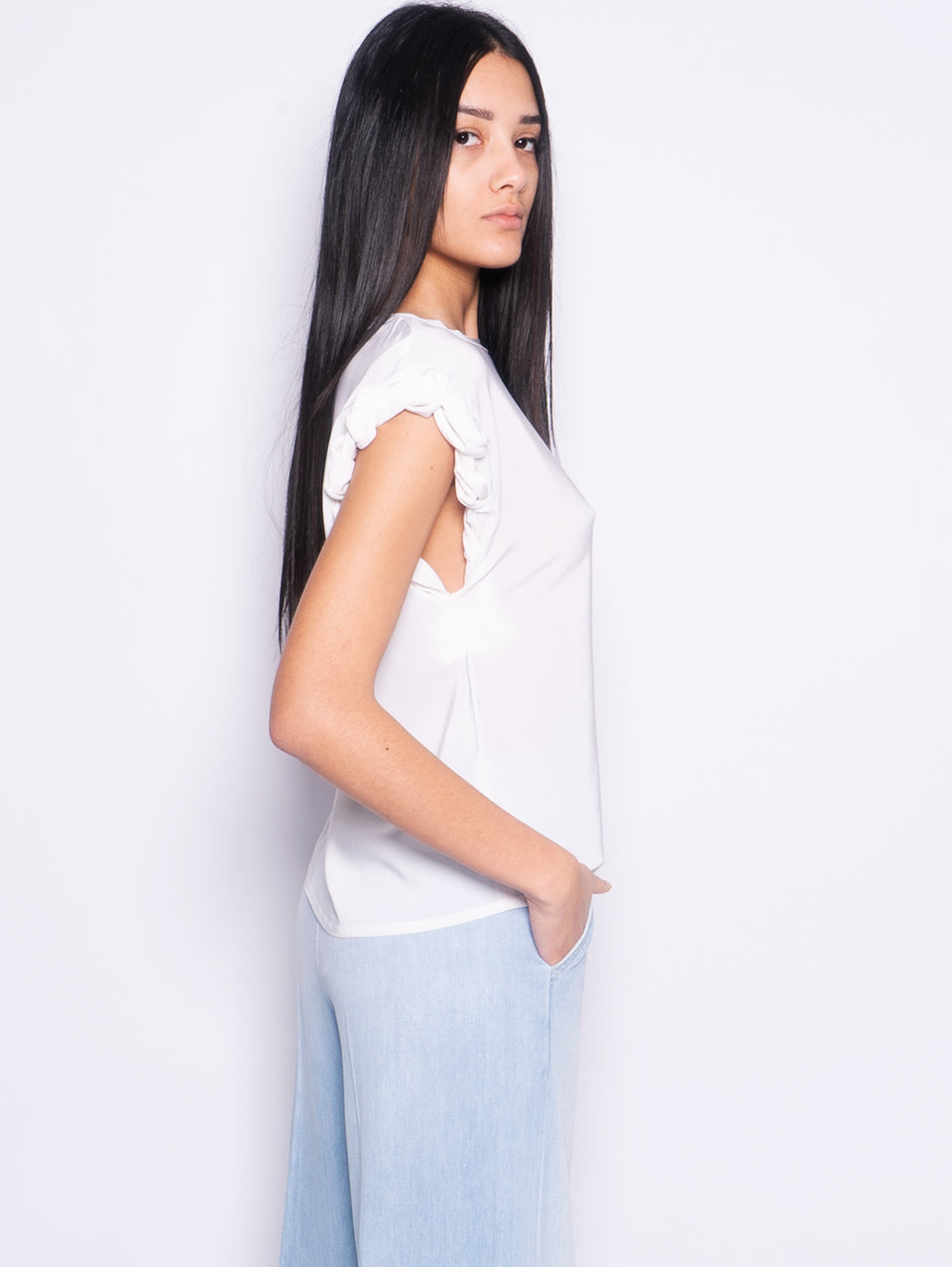 PINKO Blusa Girocollo con Lavorazione sulla Manica Bianco Nuovo