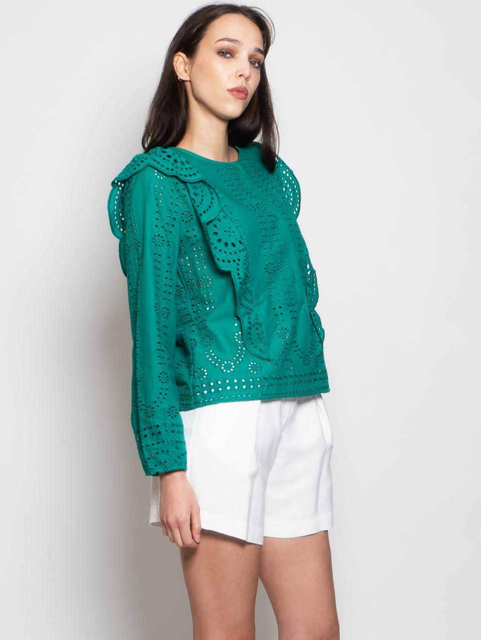 MUNTHE Blusa Girocollo in Cotone con Ricami Verde Spedizione Gratuita