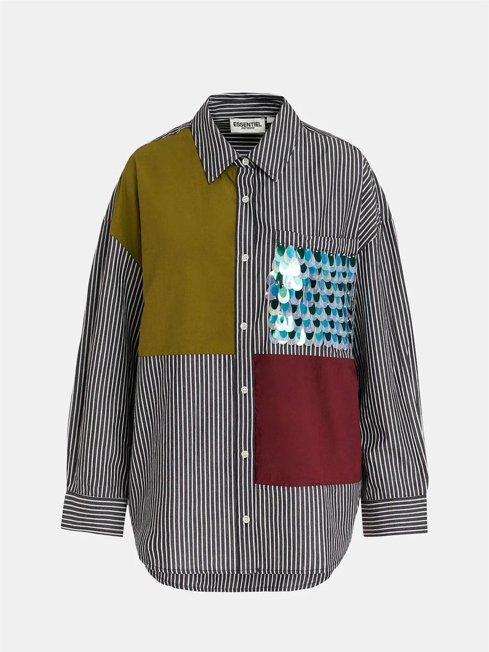ESSENTIEL ANTWERP Camicia Over a Righe Patchwork Nero Qualità Garantita