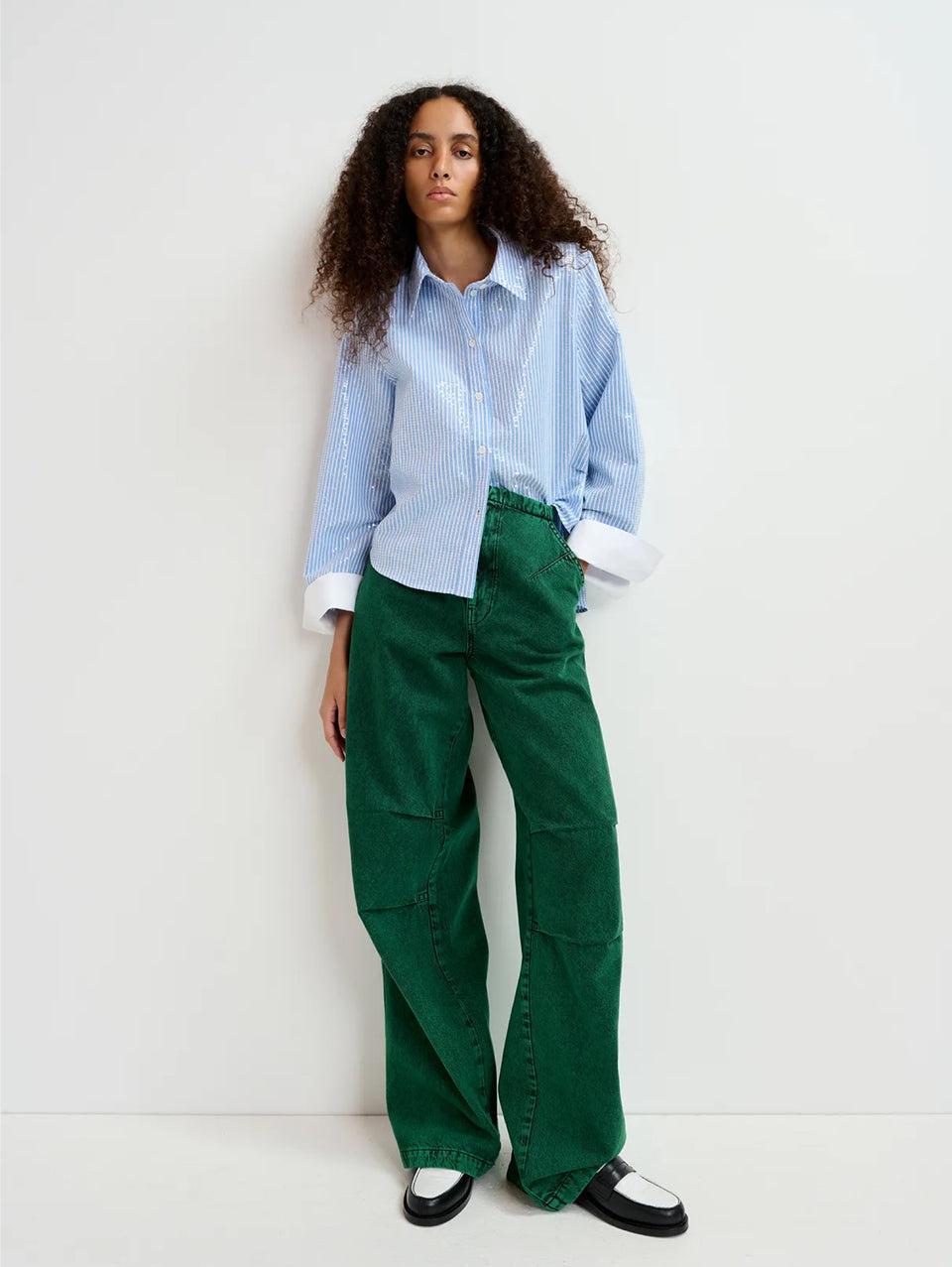 ESSENTIEL ANTWERP Camicia a Righe con Paillettes Bianco/Blu Prezzo Ridotto