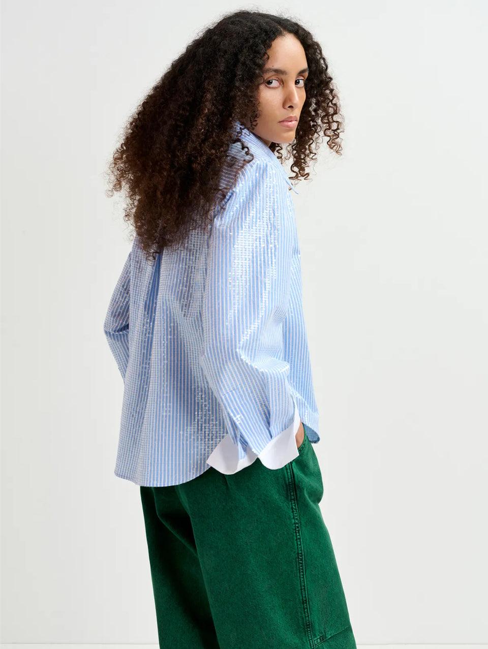 ESSENTIEL ANTWERP Camicia a Righe con Paillettes Bianco/Blu Prezzo Ridotto
