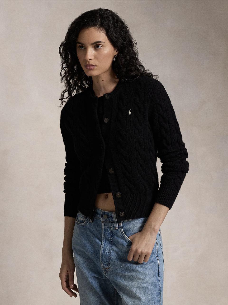 RALPH LAUREN Cardigan a Trecce in Misto Cashmere Nero Hotsell