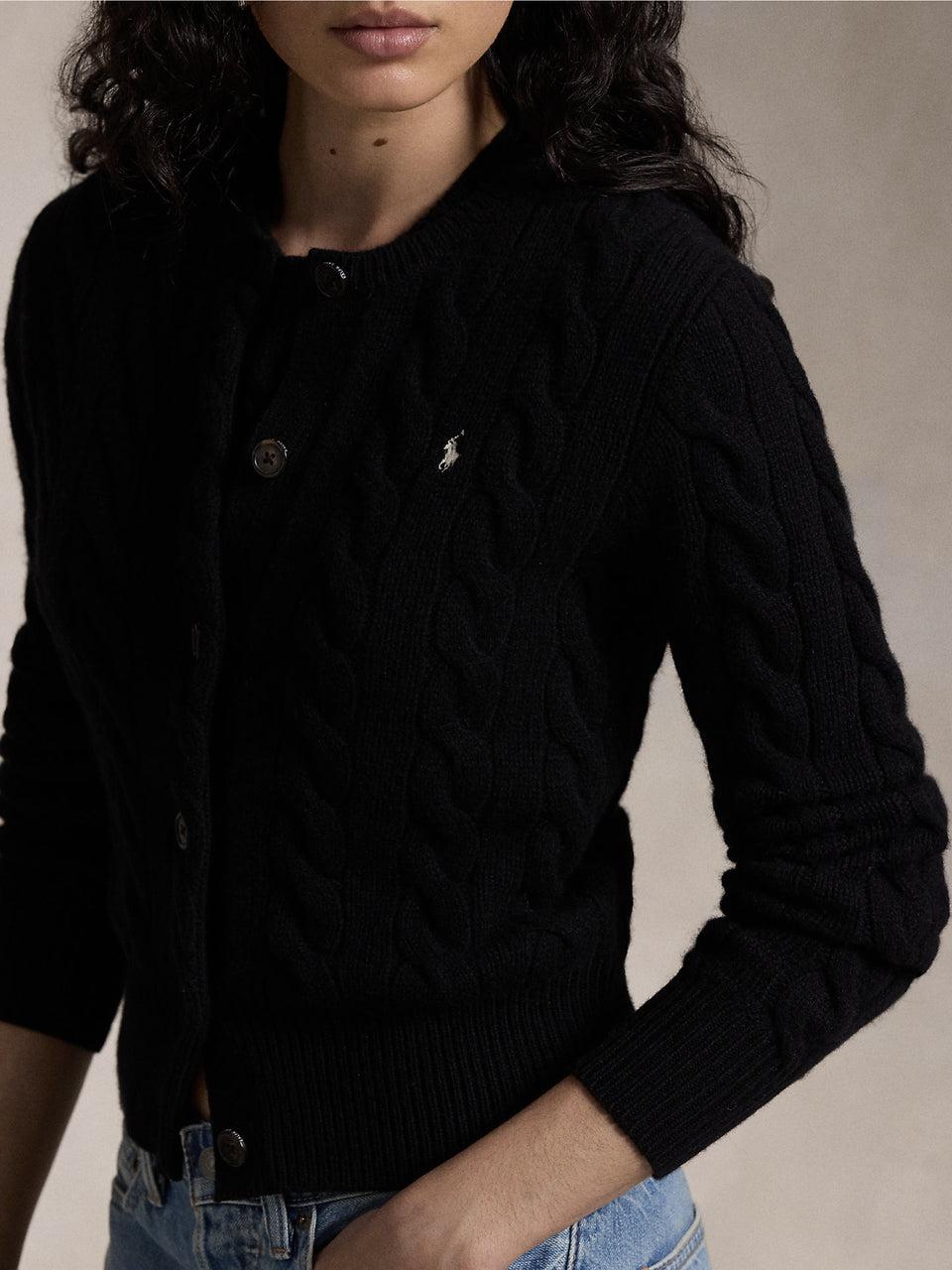 RALPH LAUREN Cardigan a Trecce in Misto Cashmere Nero Hotsell