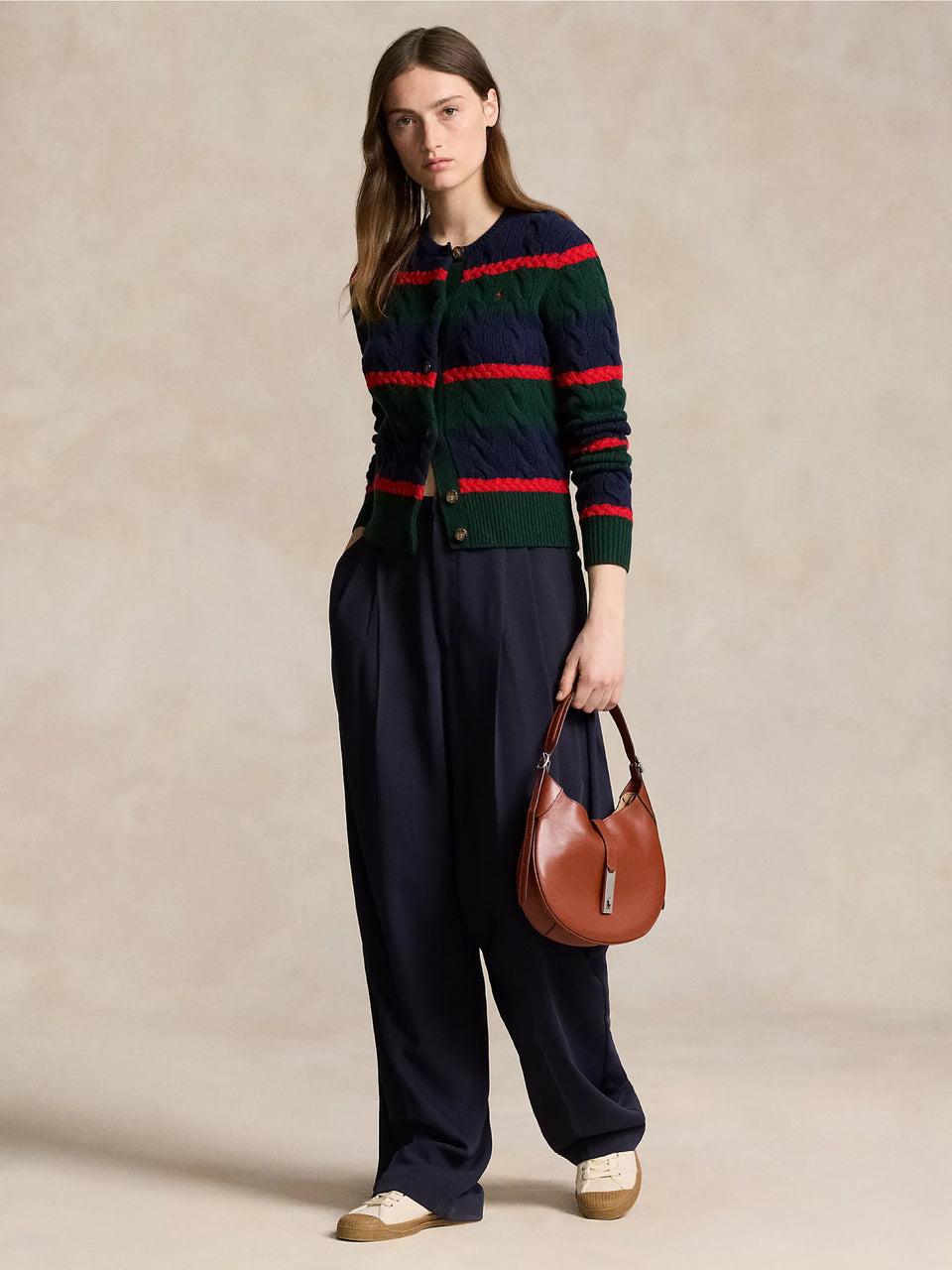RALPH LAUREN Cardigan a Righe in Misto Cashmere Verde/Blu Vendita Economica