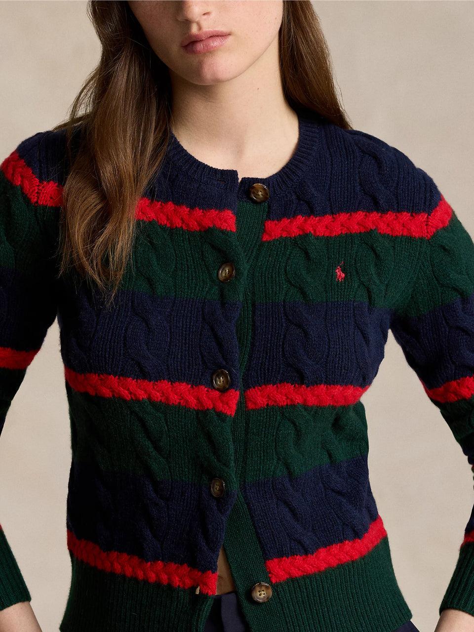 RALPH LAUREN Cardigan a Righe in Misto Cashmere Verde/Blu Vendita Economica