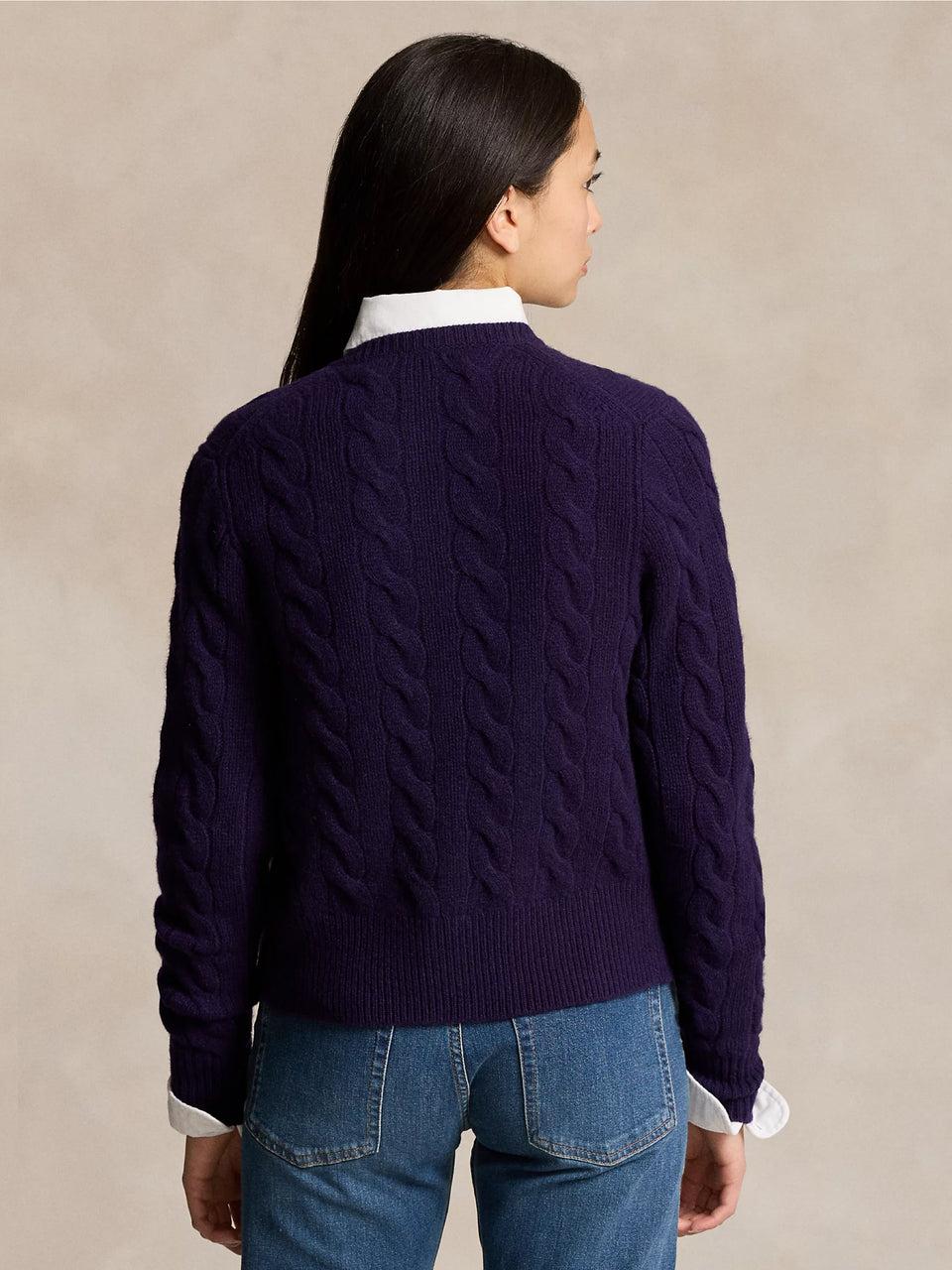 RALPH LAUREN Cardigan a Trecce in Misto Cashmere Viola Saldi Di Fabbrica