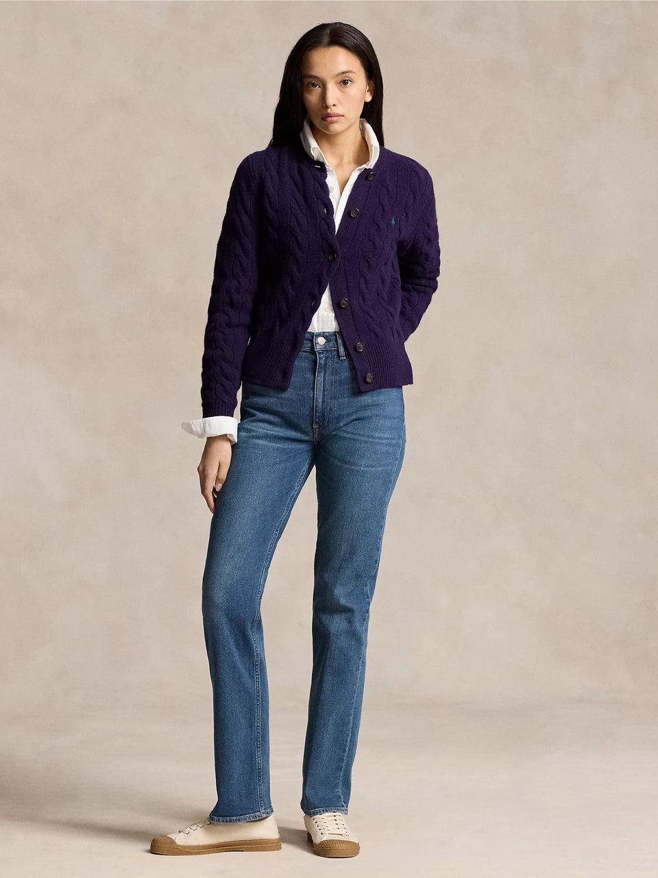 RALPH LAUREN Cardigan a Trecce in Misto Cashmere Viola Saldi Di Fabbrica