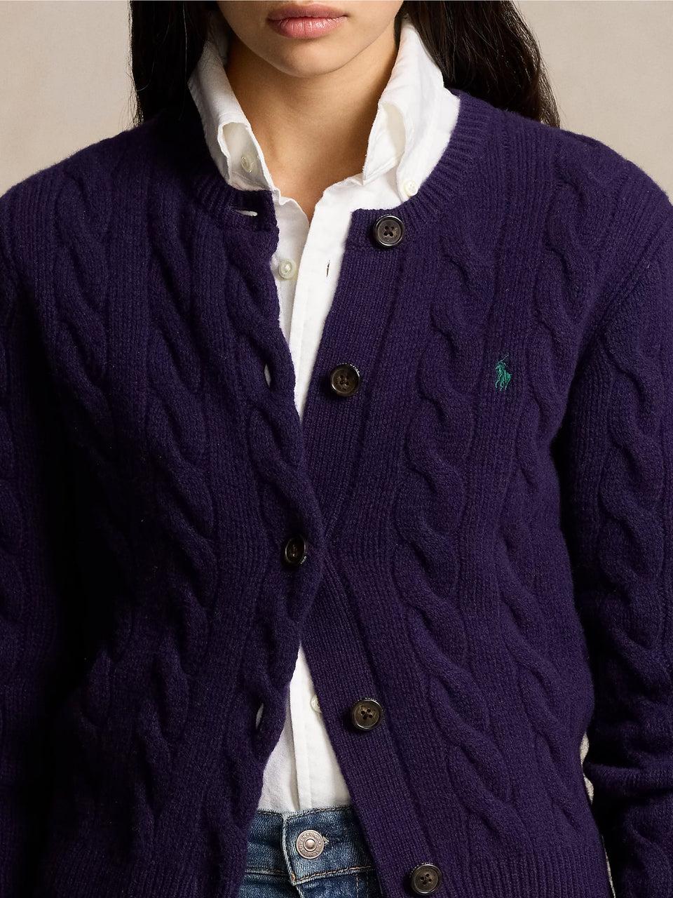 RALPH LAUREN Cardigan a Trecce in Misto Cashmere Viola Saldi Di Fabbrica