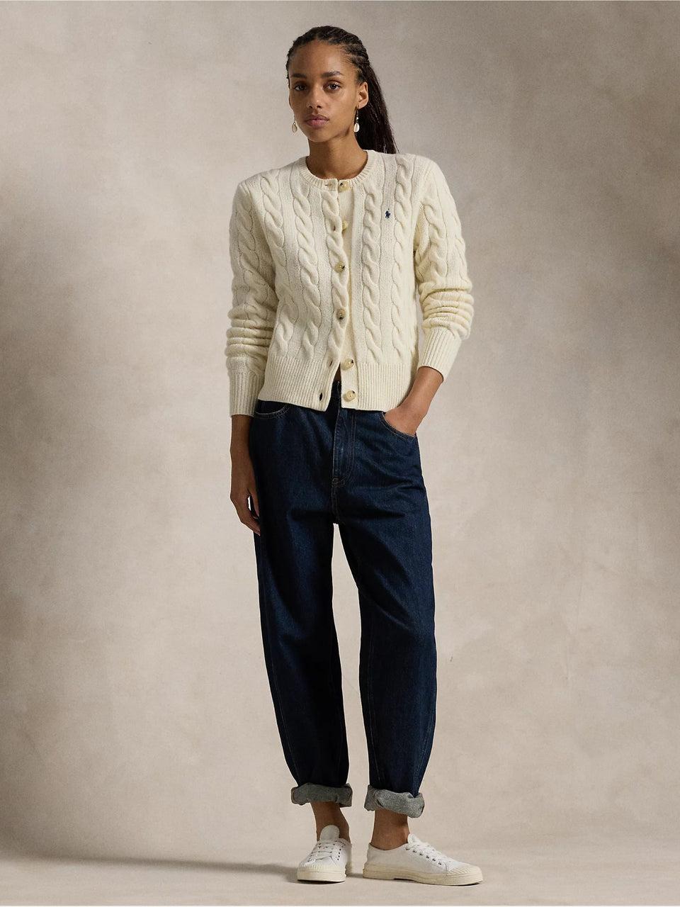 RALPH LAUREN Cardigan a Trecce in Misto Cashmere Crema Vendite Flash
