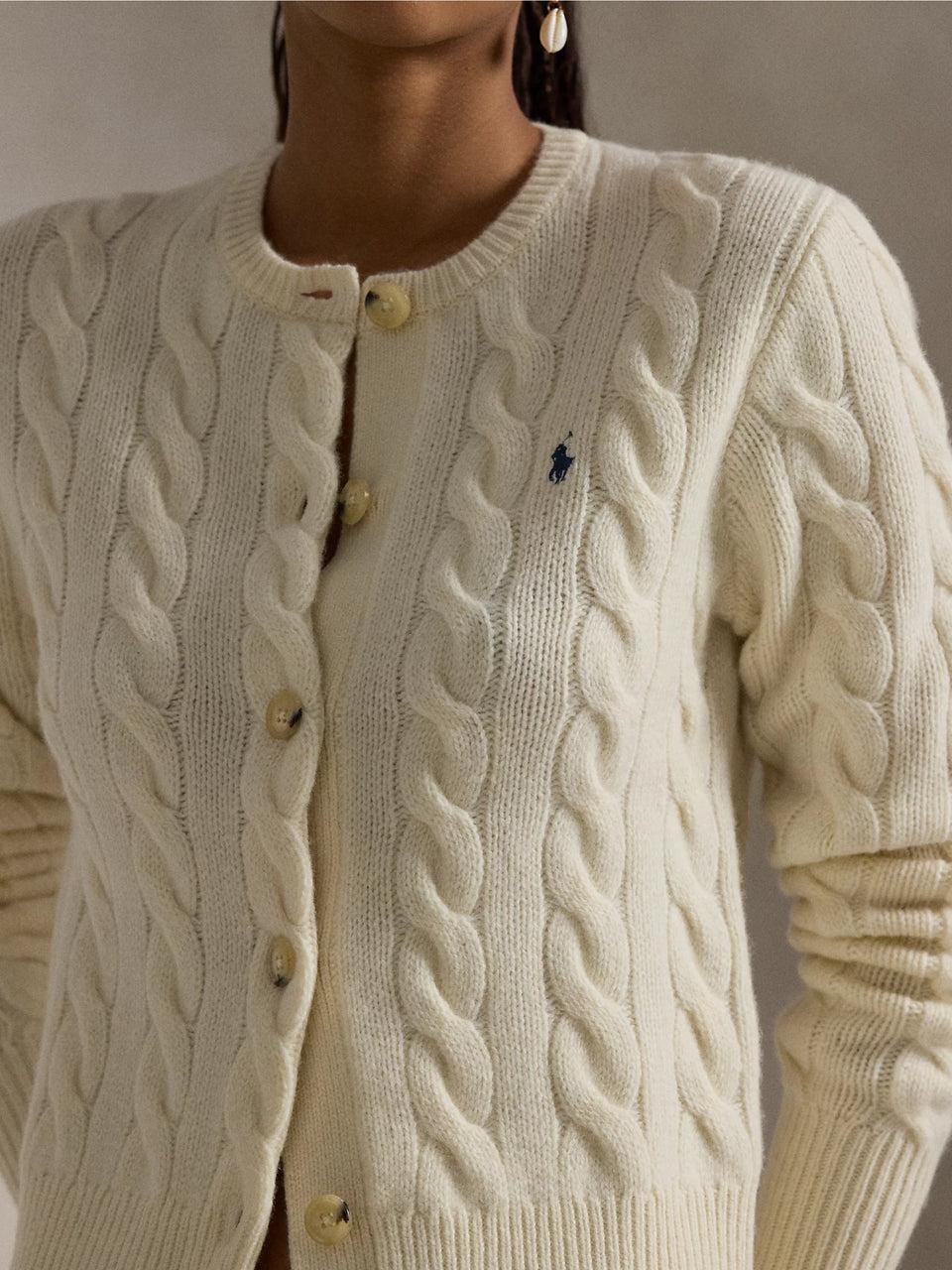 RALPH LAUREN Cardigan a Trecce in Misto Cashmere Crema Vendite Flash