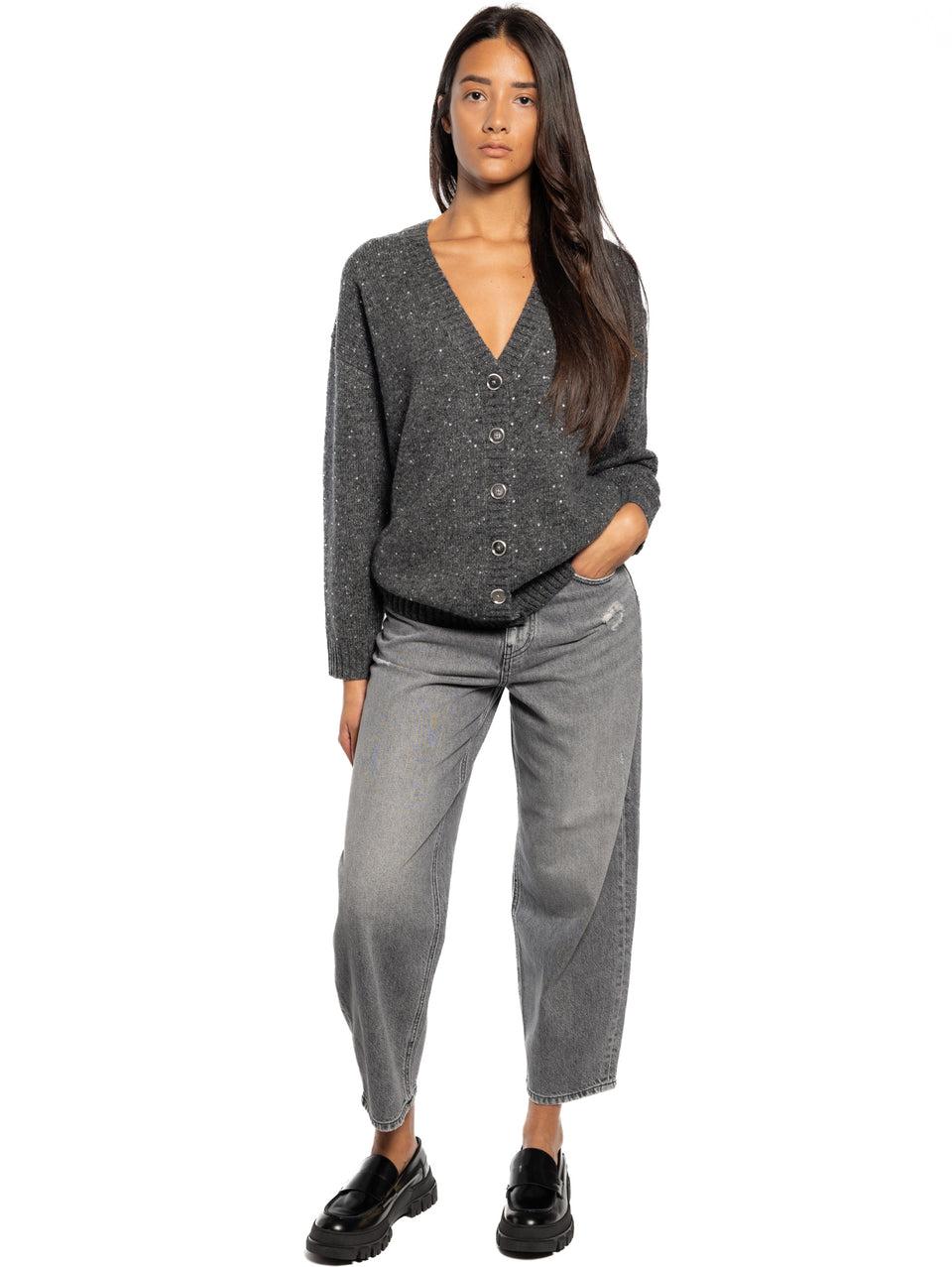 PINKO Cardigan a V con Strass Grigio Nuova