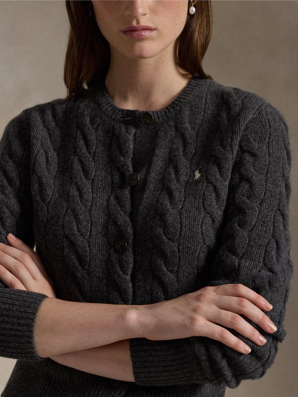 RALPH LAUREN Cardigan a Trecce in Misto Cashmere Grigio Sconto di tempo limitato