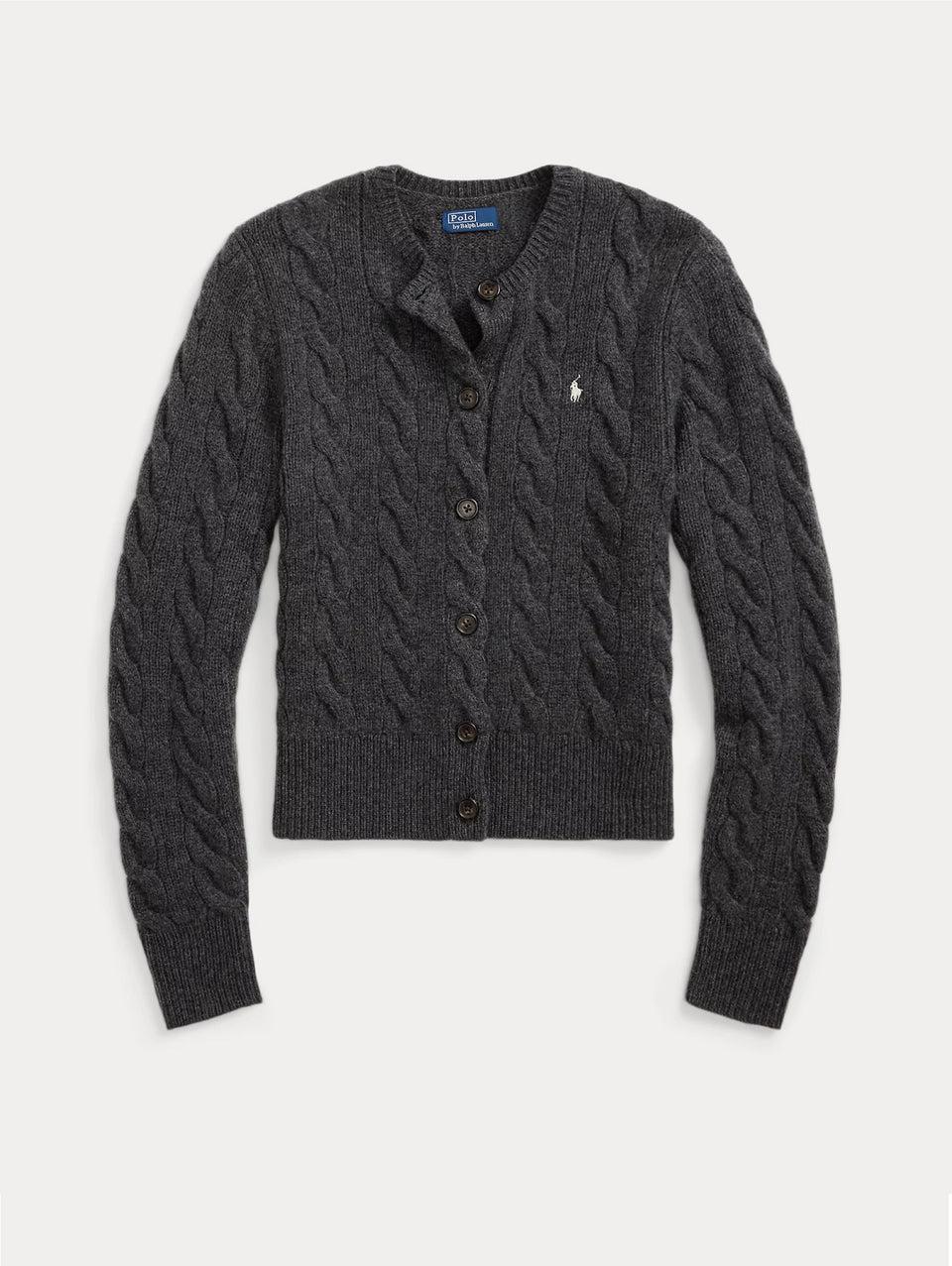 RALPH LAUREN Cardigan a Trecce in Misto Cashmere Grigio Sconto di tempo limitato
