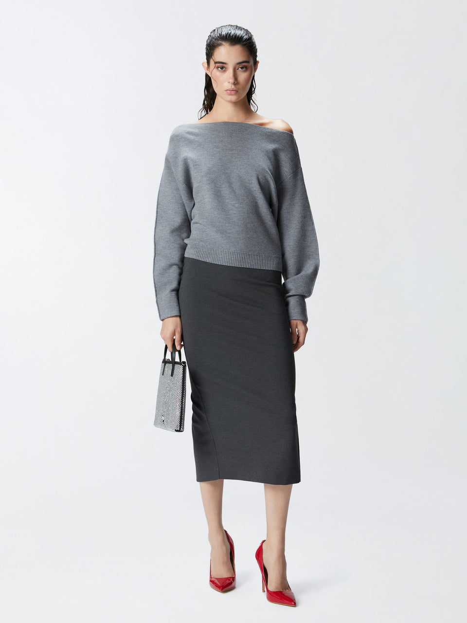 PINKO Gonna Longuette in Punto Stoffa Grigio Esporta salva