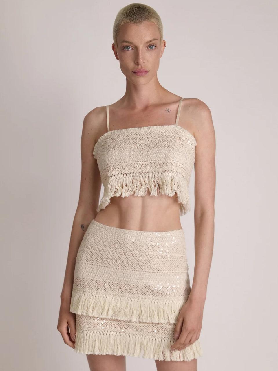 SABINA MUSÁYEV Gonna Mini in Pizzo e Paillettes Avena In vendita