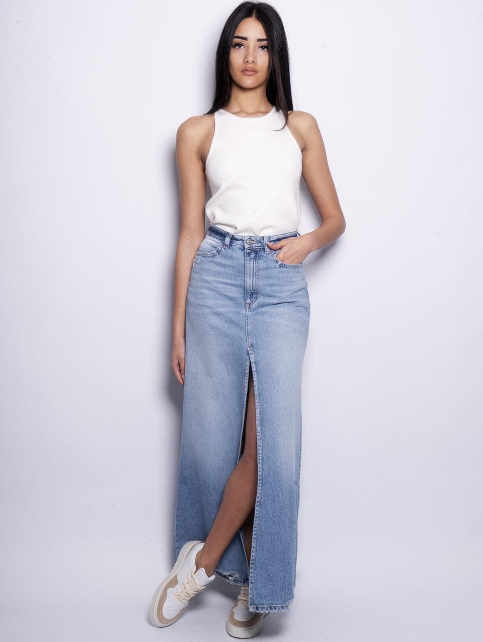 ICON DENIM Gonna Lara in Denim con Spacco Centrale Blu 50% di sconto per tempo limitato