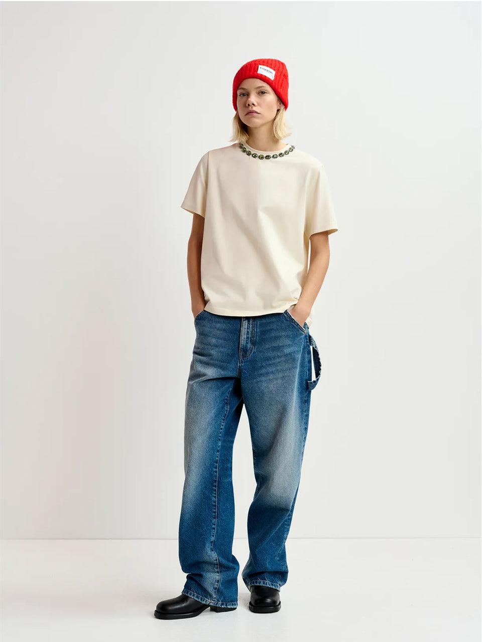 ESSENTIEL ANTWERP T-shirt con Ricami di Strass Ecru Trasporto libero internazionale