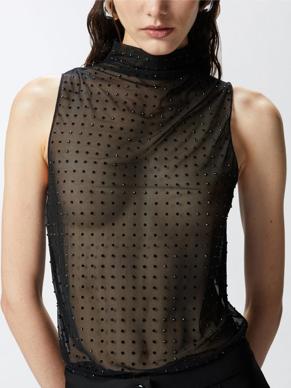 PINKO Top in Tulle con Strass Nero Spedizione Gratuita