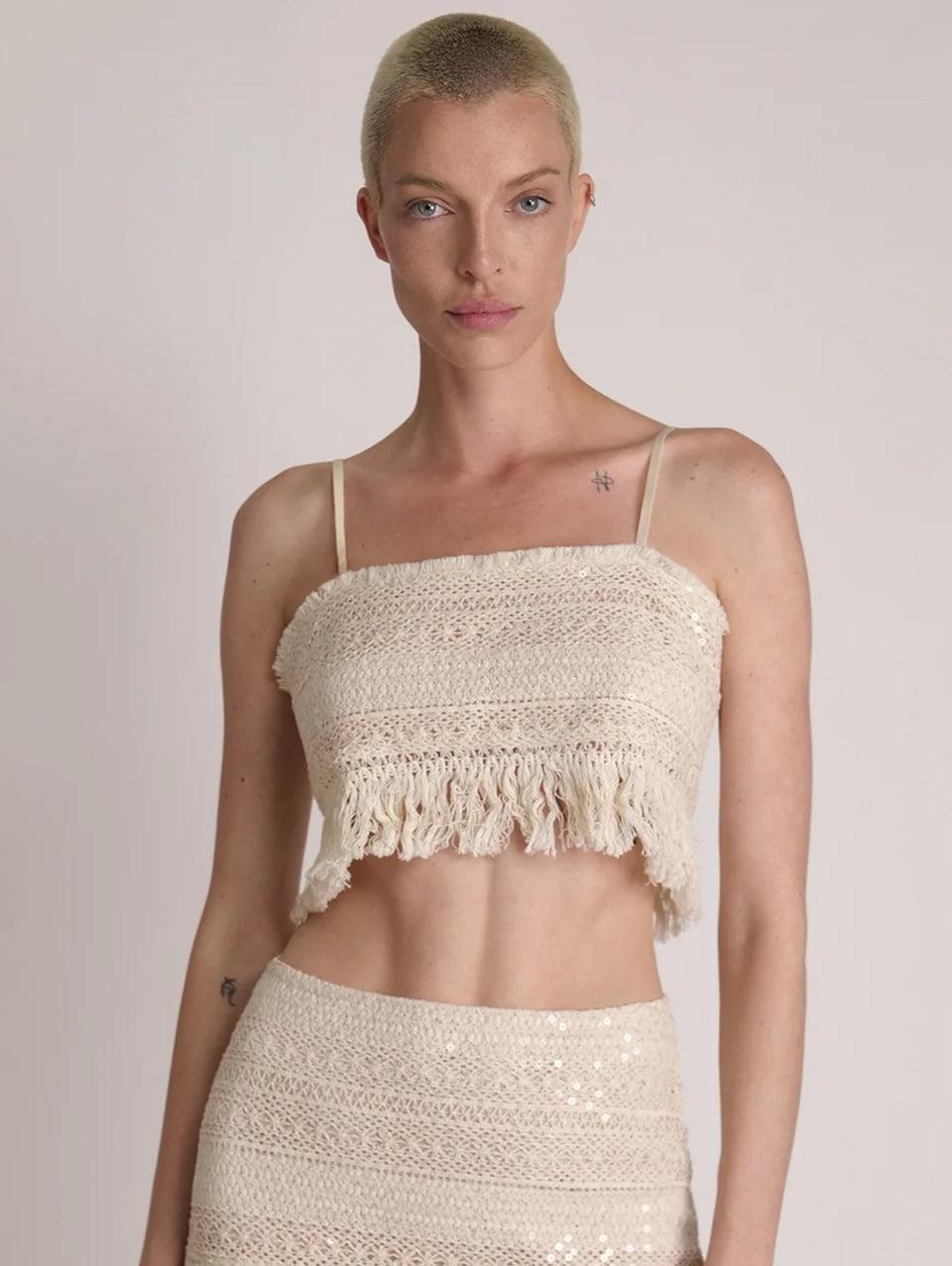 SABINA MUSÁYEV Top Cropped in Pizzo e Paillettes Avena Shopping Online