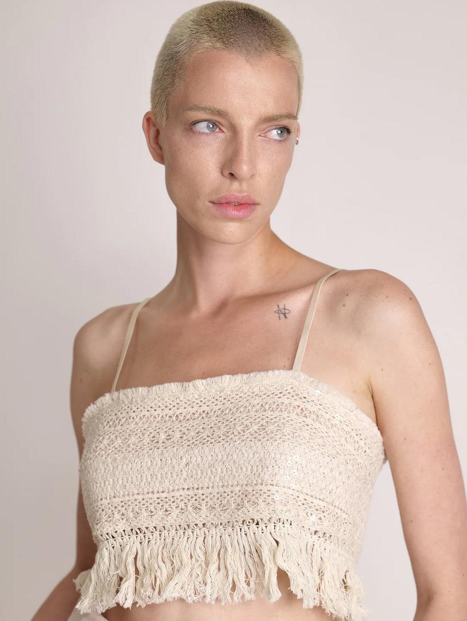 SABINA MUSÁYEV Top Cropped in Pizzo e Paillettes Avena Shopping Online
