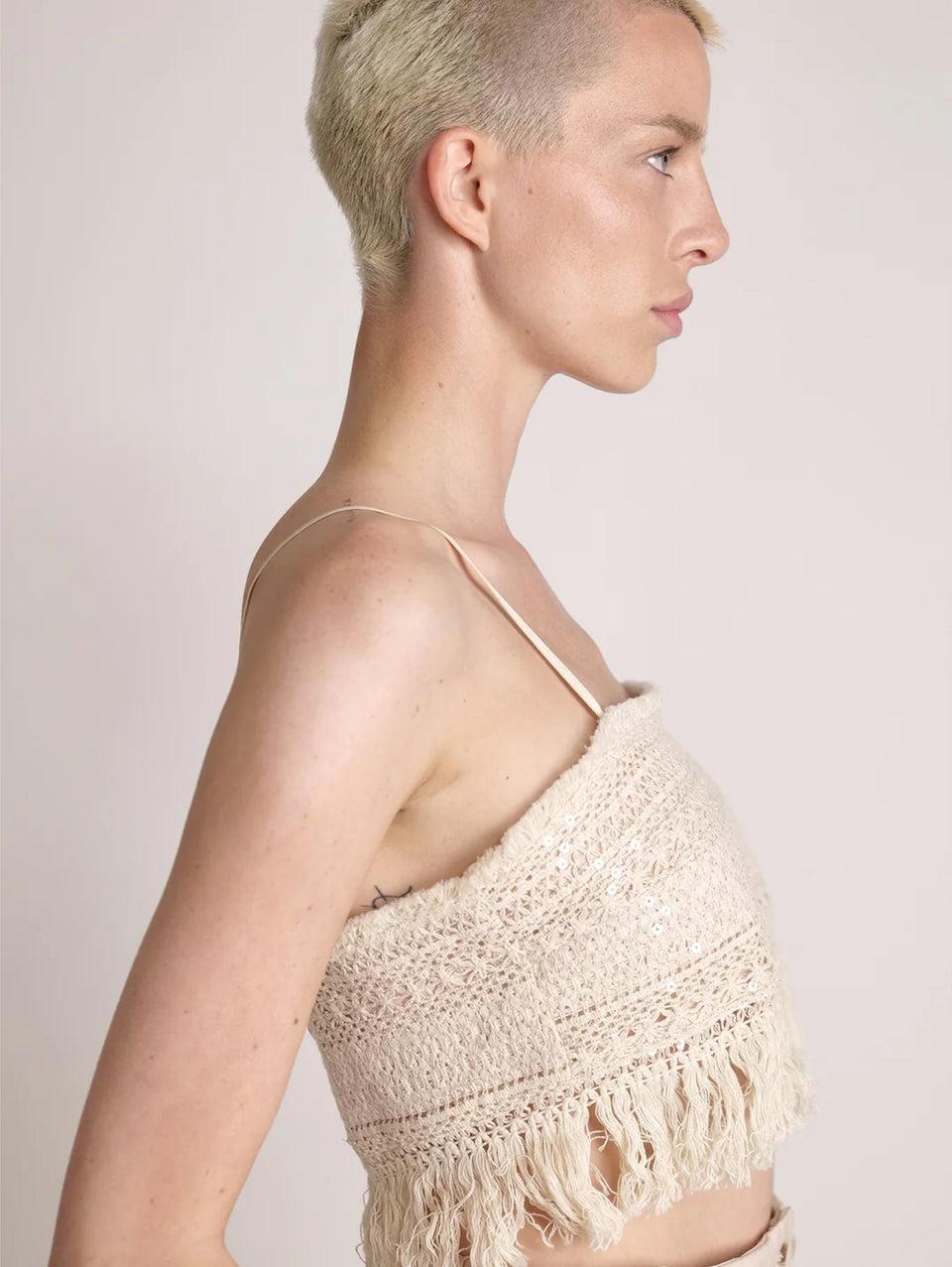 SABINA MUSÁYEV Top Cropped in Pizzo e Paillettes Avena Shopping Online