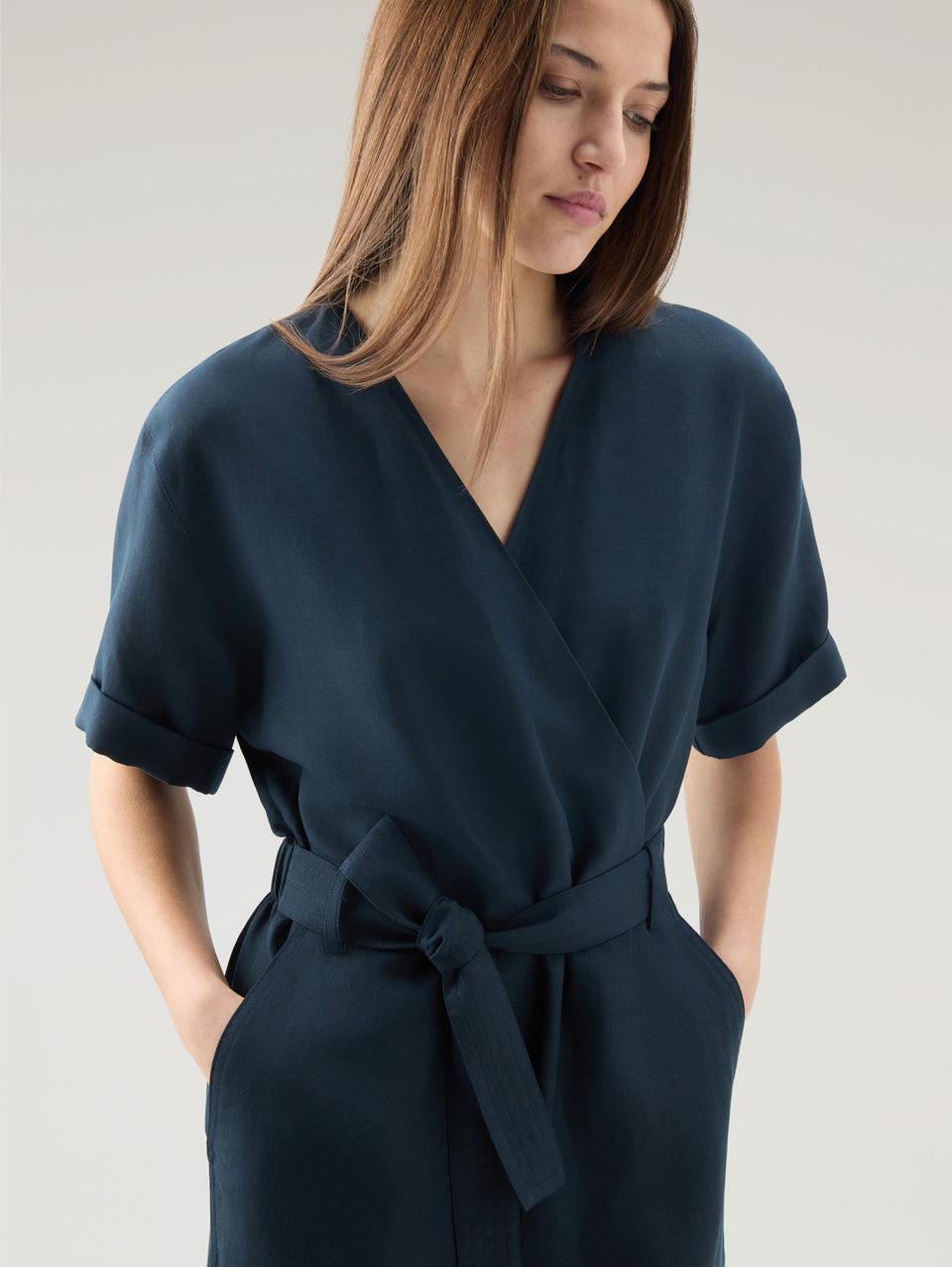 WOOLRICH Tuta in Lino con Scollo a V Blu Nuova