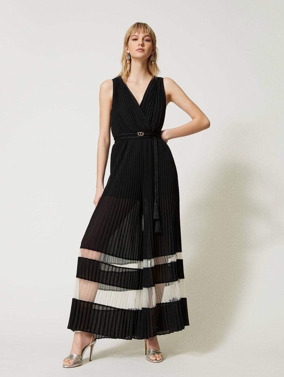 TWIN SET Tuta in Georgette Plissé Nero/Bianco Prezzo di fabbrica