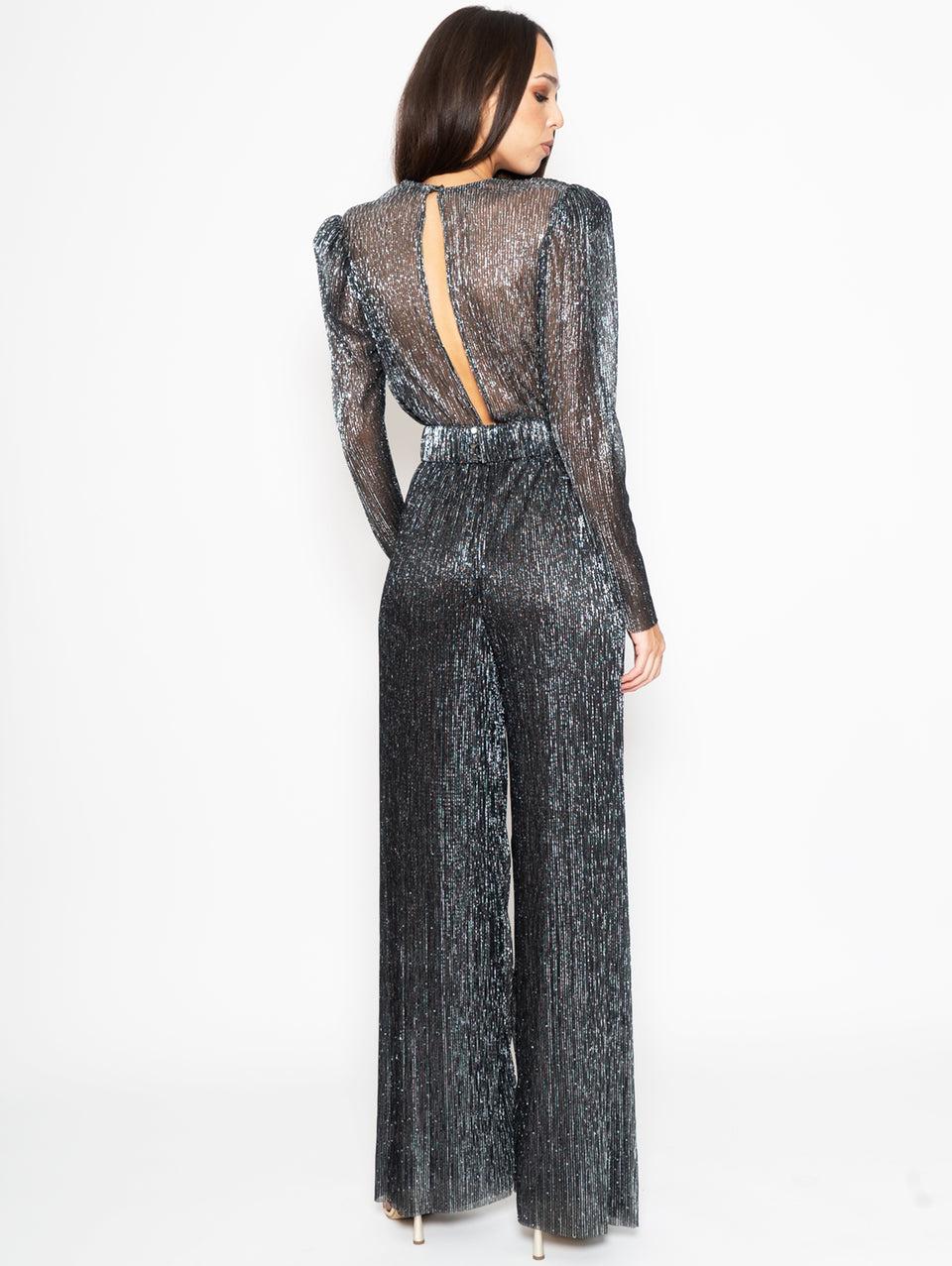 SABINA MUSÁYEV Tuta in Lurex Plissé Nero Fornitura limitata