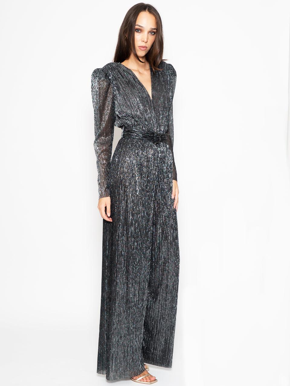 SABINA MUSÁYEV Tuta in Lurex Plissé Nero Fornitura limitata