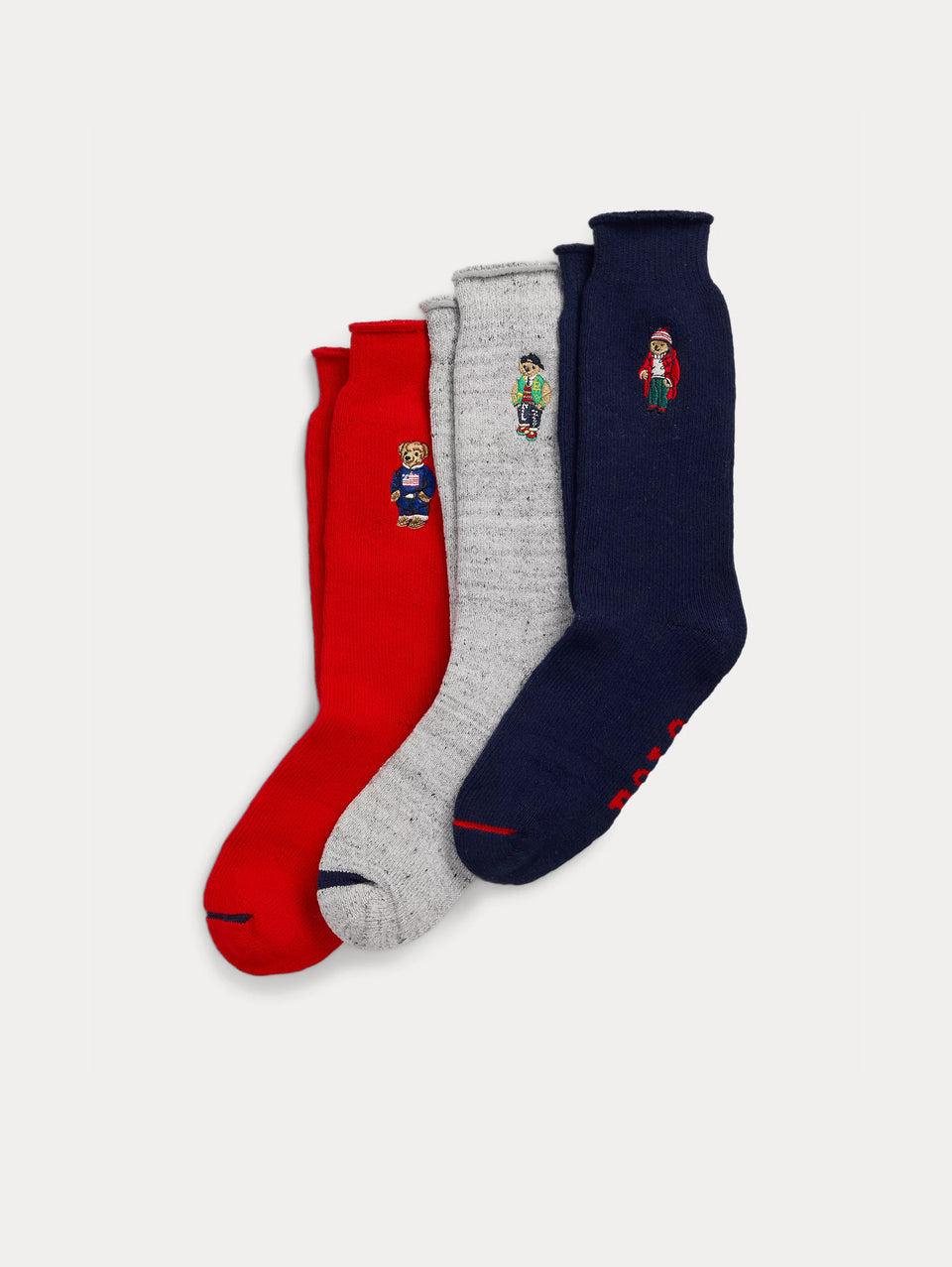 RALPH LAUREN Cofanetto Calze con Ricamo Polo Bear Grigio/Blu/Rosso Saldi