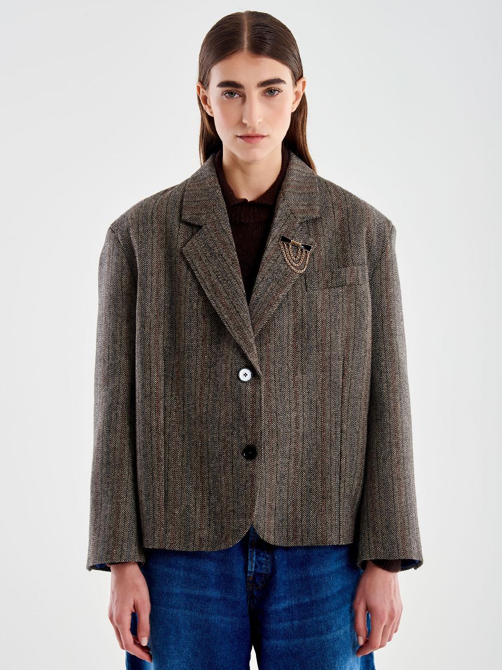 Vicolo Giacca Oversized Cropped Spinato Marrone Acquista Ora