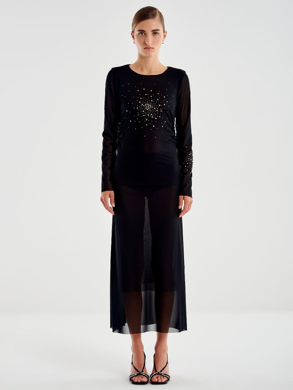 Vicolo Abito lungo in Tulle Trasparente con Strass Nero Vendita Calda
