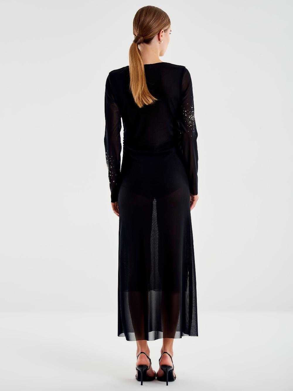 Vicolo Abito lungo in Tulle Trasparente con Strass Nero Vendita Calda