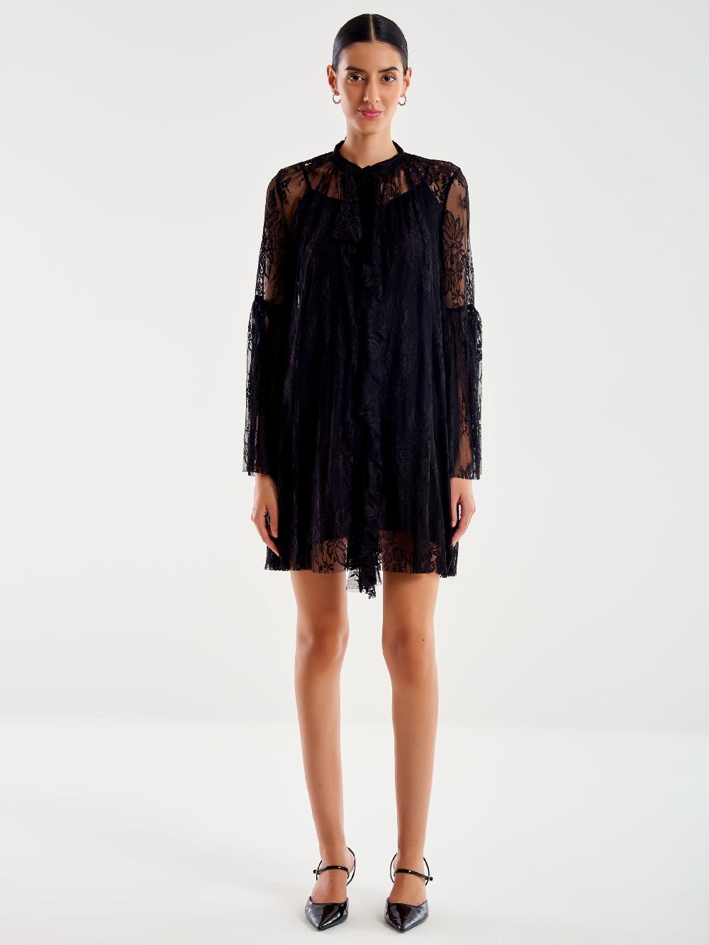 Vicolo Abito Corto in Pizzo con Jabot Nero 2025