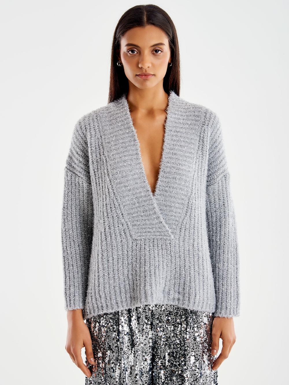 Vicolo Pull Scollo a V Profondo Lurex Grigio Nuovo