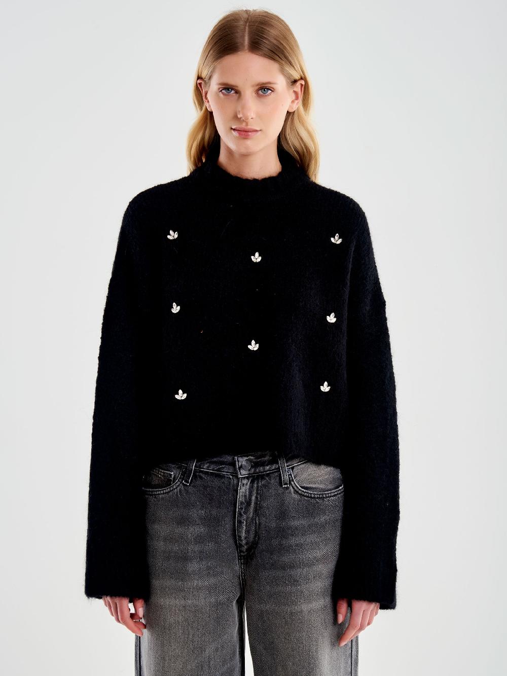 Vicolo Pull Girocollo con Cabochon Applicati Nero Promozione