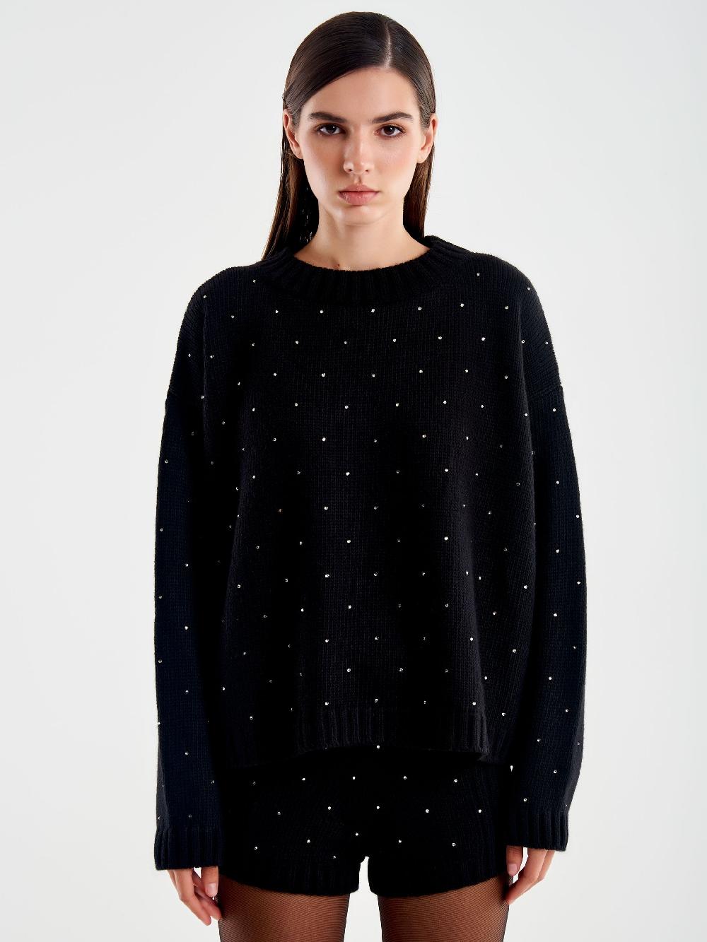 Vicolo Pullover Girocollo con Strass Nero Spedizione Gratuita