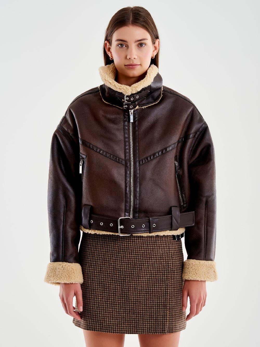 Vicolo Giubbotto Biker Cropped Effetto Scamosciato Marrone Offerta