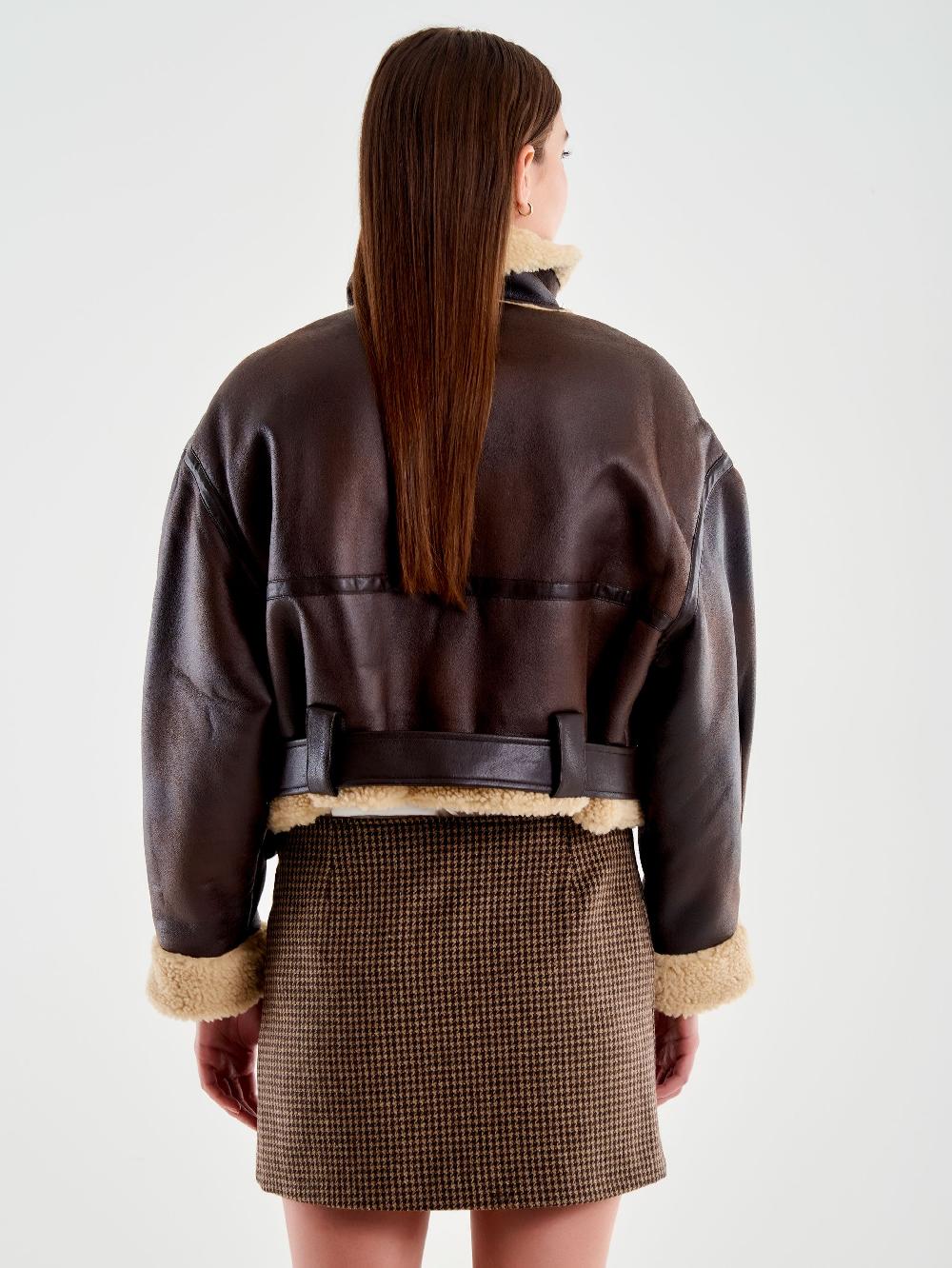Vicolo Giubbotto Biker Cropped Effetto Scamosciato Marrone Offerta