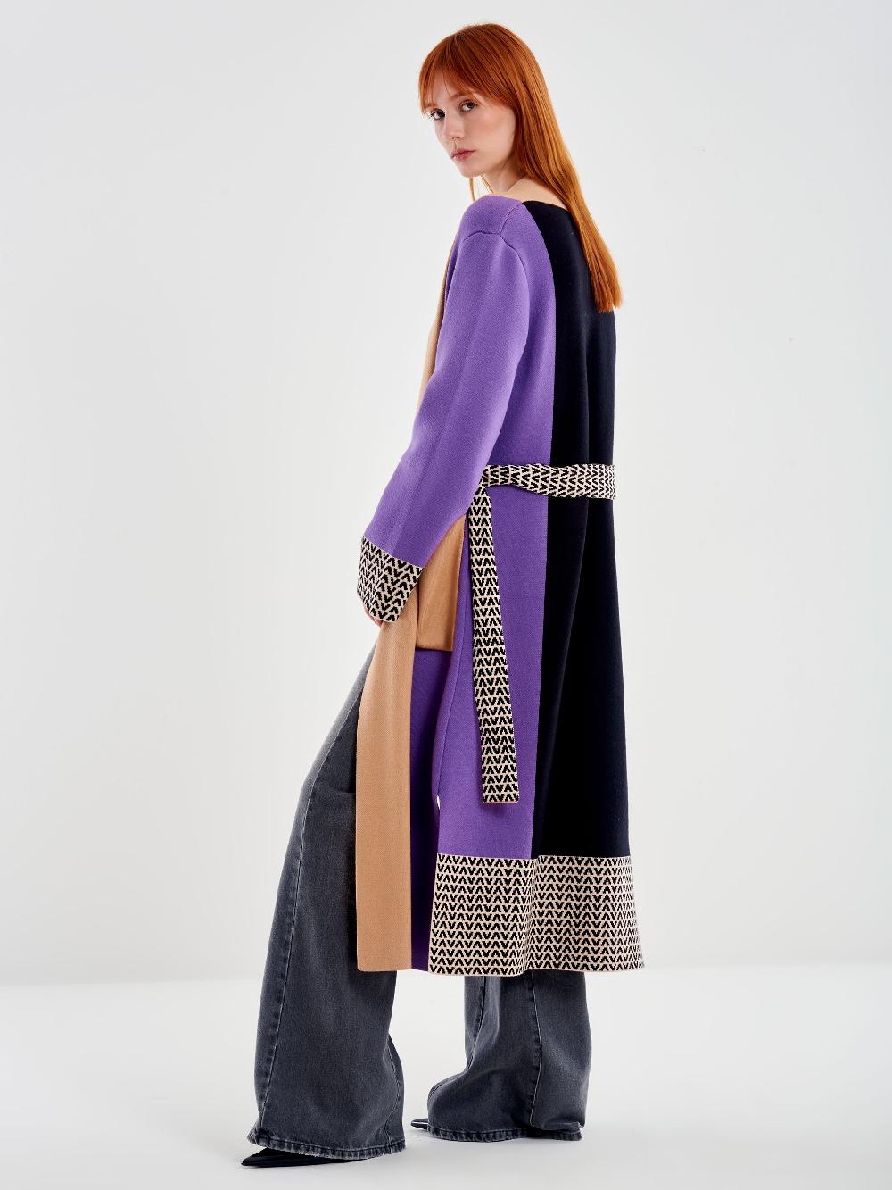 Vicolo Cappotto in Maglia Fantasia Color Block Nero Online