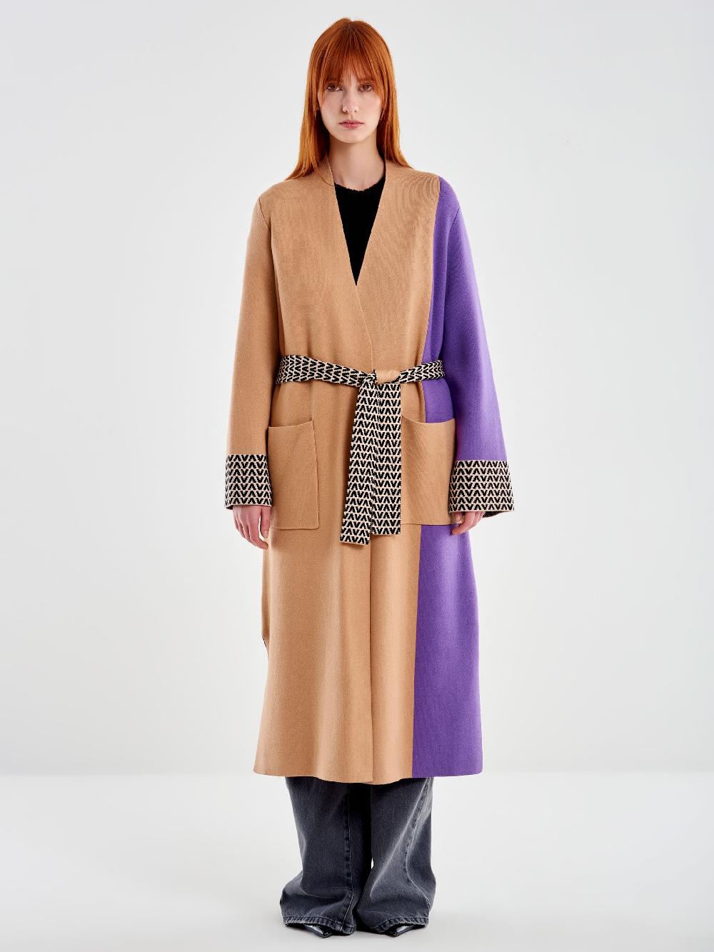 Vicolo Cappotto in Maglia Fantasia Color Block Nero Online