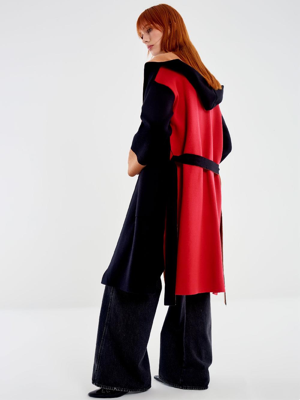 Vicolo Cappotto in Maglia Color Block con Cappuccio Nero Outlet