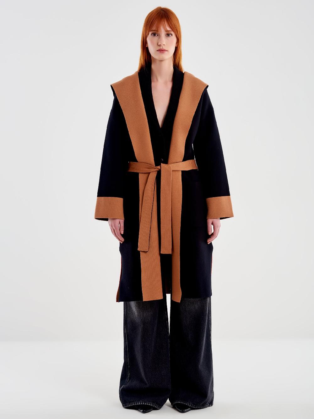 Vicolo Cappotto in Maglia Color Block con Cappuccio Nero Outlet